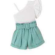 Summer Diagonal Shoulder Top +Denim Trendy Shorts +Waist Pack Kids Sets