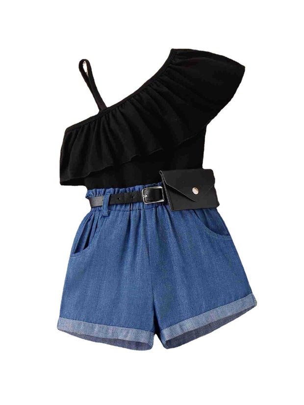 Summer Diagonal Shoulder Top +Denim Trendy Shorts +Waist Pack Kids Sets